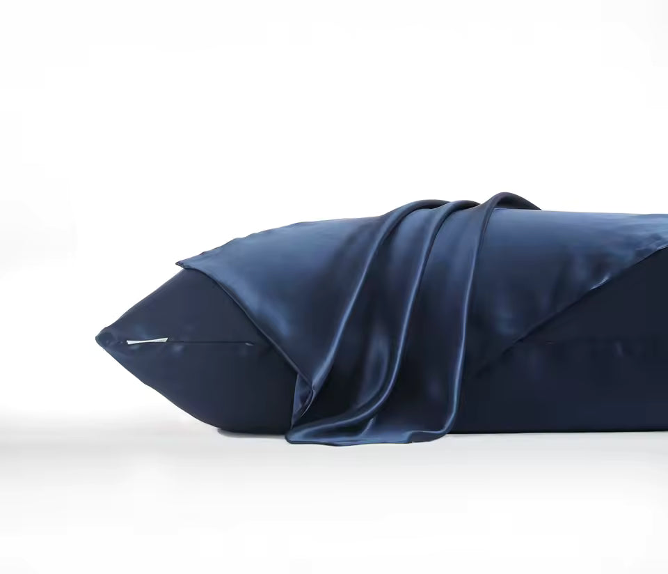 Blue satin pillowcase on a white background